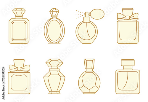 Elegant assortment of iconic perfume bottles on golden background