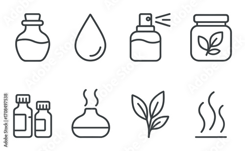 Monochrome aromatherapy icons: essential oil bottle, dropper, diffuser, leaf