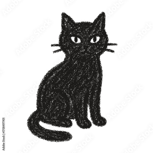 Black cat sitting calmly with narrowed eyes in artistic style  