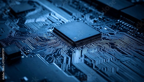 A macro shot depicts a detailed electronic circuit board with microchips and intricate pathways, highlighted by a cool blue lighting