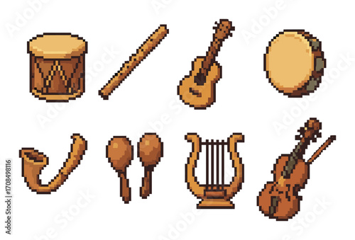 Pixel art musical instruments collection with drum, guitar, and violin
