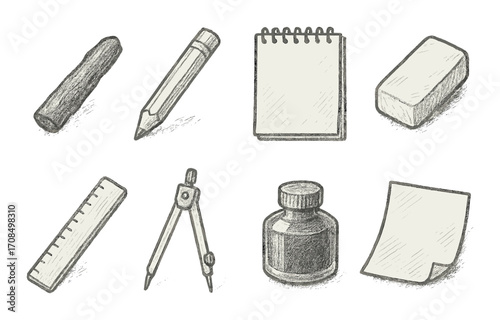 Sketches of office supplies: pencil, notepad, eraser, ruler, compass, ink, chalk, paper