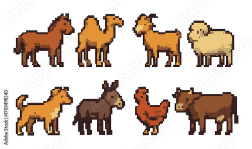 Pixel art barnyard animals: horse, camel, goat, sheep, dog, donkey, chicken, cow