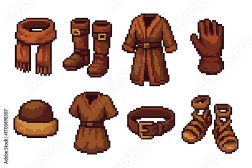 Pixel art fantasy medieval clothing set with boots, robes, and accessories