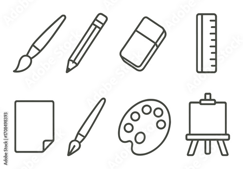 Art supplies icons: brushes, pencil, eraser, ruler, paper, palette, easel on textured background