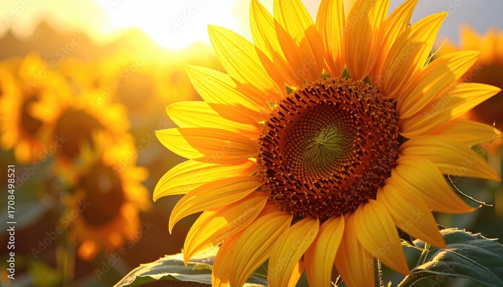 Fototapeta premium Vibrant Sunflower Field Bathed in Golden Sunlight with Selective Focus on a Blooming Flower in the Foreground with Green Leaves and Sunny Warm Tone