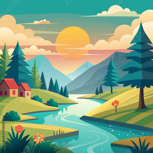 Serene lakeside cottages nestled amidst towering pines and majestic mountains at sunset, perfect for idyllic getaways and tranquil nature scenes, inspiring wanderlust and peaceful escapes