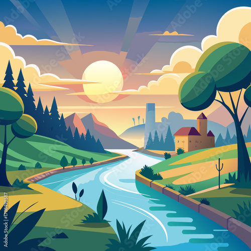Stunning sunset over a tranquil river flowing through a lush landscape with distant mountains and a charming castle, evoking peace and serenity for travel and nature themed projects