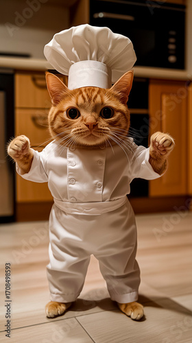 A charming ginger cat in a white chef's suit and hat stands in the kitchen. A surreal and humorous image of a pet. Perfect for culinary content.