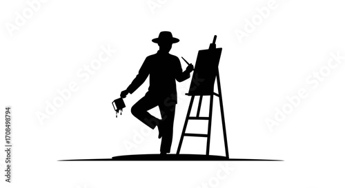 Artist skillfully painting masterpiece on easel, holding palette with dripping paint