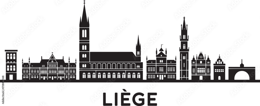 Obraz premium Liège Belgium Skyline Silhouette Vector Illustration with Detailed City Buildings and Landmarks