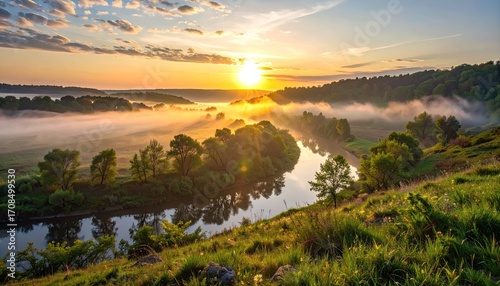 Vibrant Sunrise Over Misty Valley with Lush Greenery and Serene River Reflection Landscape