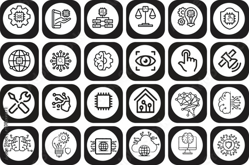 Artificial Intelligence Icon Set, Machine Learning Icons, Neural Network, Data Analysis, Deep Learning, Robotics, Innovation, Automation, Digital Brain, Future Technology