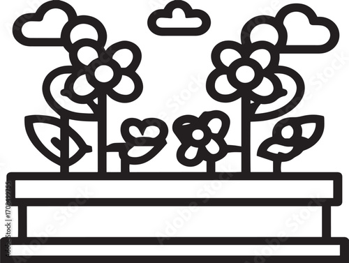 Decorative flower bed seamless design in clean vector line drawing