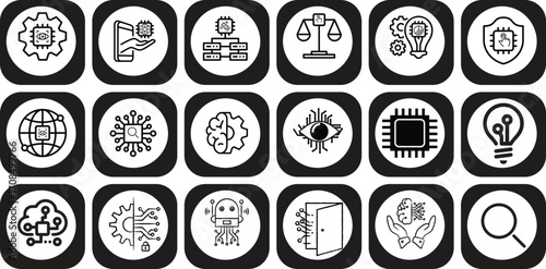 Artificial Intelligence Icon Set, Machine Learning Icons, Neural Network, Data Analysis, Deep Learning, Robotics, Innovation, Automation, Digital Brain, Future Technology
