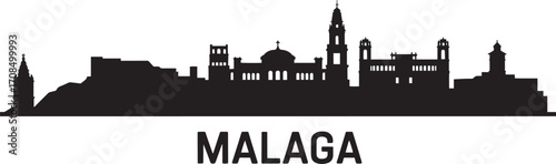 Malaga Skyline Silhouette Vector Illustration with Famous Landmarks and Buildings in Spain, Europe