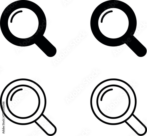 Four minimalist magnifying glass icons representing search and discovery simple icons for digital use vector
