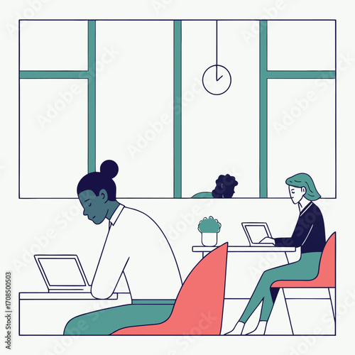 Diverse professionals collaborate and work remotely in a modern, bright co-working space