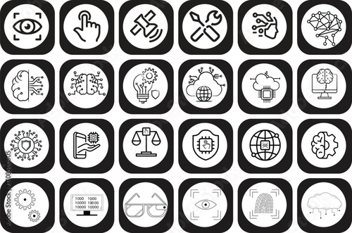 Artificial Intelligence Icon Set, Machine Learning Icons, Neural Network, Data Analysis, Deep Learning, Robotics, Innovation, Automation, Digital Brain, Future Technology