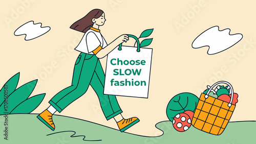 Slow Fashion Awareness Campaign – Vector of Eco-Friendly Clothing, Lifestyle, and Sustainable Fashion Movement