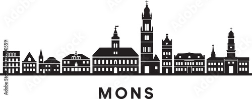 Mons Belgium Skyline Silhouette Vector Illustration with Detailed City Buildings and Landmarks