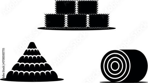 Collection of farm hay bales and straw stacks simple black and white icons for agricultural concepts vector