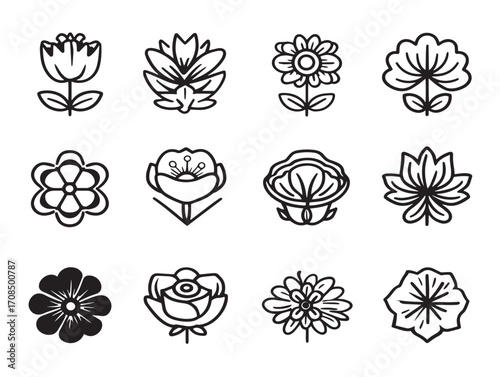 Minimal flower icon set created in sleek clean line design