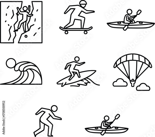 Extreme Sports Icons Set | Climbing, Surfing, Kayaking, Paragliding, Skateboarding | Minimal Line Art Vector.