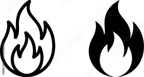 Two stylized fire icons outline and solid forms representing heat energy and power vector