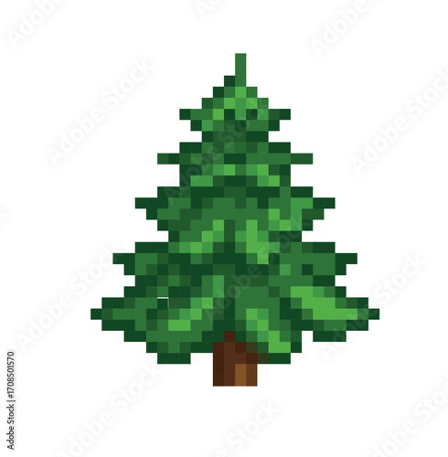 Pixel art illustration of a simple green pine tree with a brown trunk, isolated on a white background, 8-bit retro style.