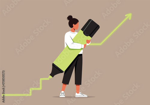 A woman stands confidently holding a giant highlighter, with a green line graph symbolizing growth and progress, set against a neutral background, showcasing ambition