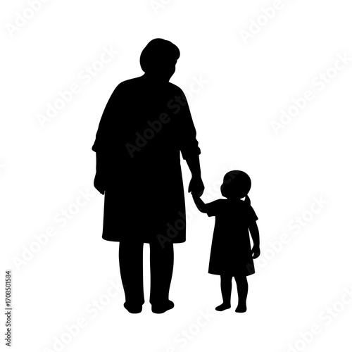 Grandparent and child holding hands silhouette isolated on white background