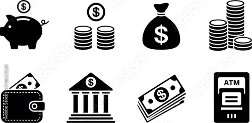 Collection of eight financial icons representing savings banking money and transactions vector
