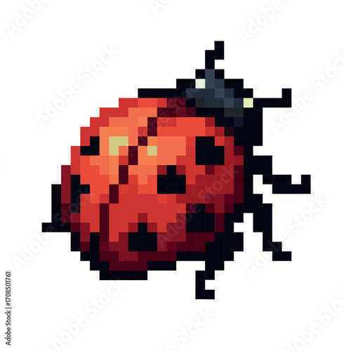 Pixel art illustration of a red ladybug with black spots and antennae, isolated on a white background, 8-bit retro style.