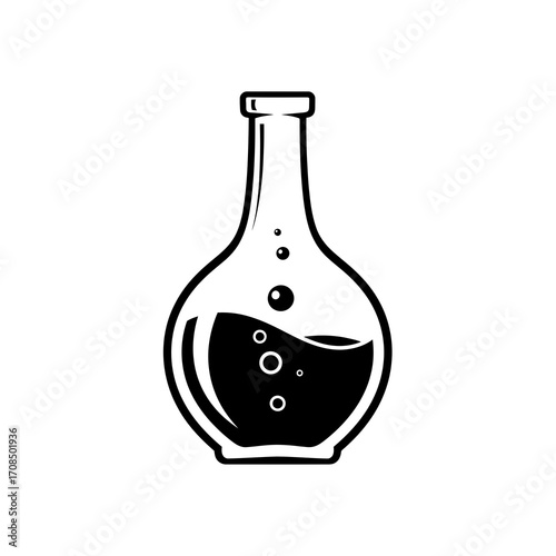 Black silhouette of a round bottom flask with liquid and bubbles isolated on white background