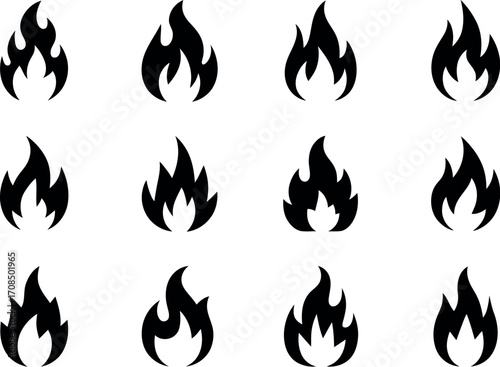 Collection of twelve black flame icons represents fire and heat energy simple design vector
