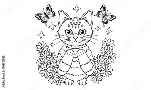 Mittens Cat, kids line art doodle pattern design t shirt silhouette and vector, intricate line art design, relaxing printable, high-quality illustration for stress relief, art therapy activity.