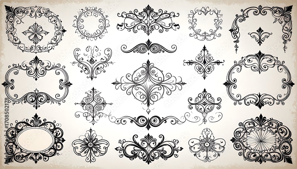 Naklejka premium Collection of Vintage Ornate Swirls, Flourishes, and Frames: Black Ink Design Elements