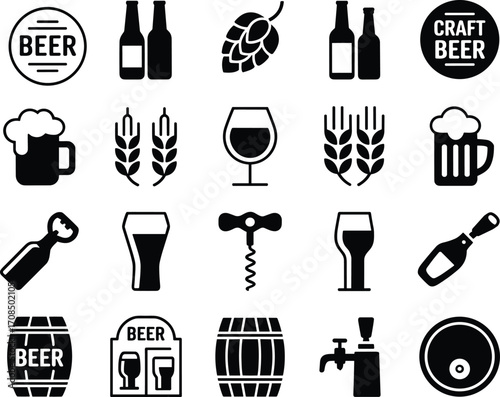 Beer and brewery black icons set with beer bottles, beer mugs, wheat, corkscrew, bottle opener, beer barrel, tap, craft beer symbol vector