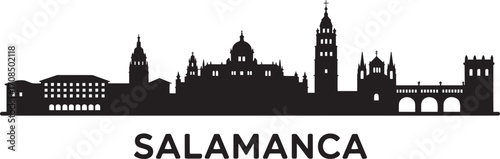 Salamanca Skyline Silhouette Vector Illustration, Spain Cityscape Outline with Famous Landmarks