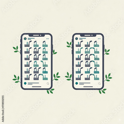 Minimal vector illustration of smartphones showing factory icons with smoke. Concept of digital consumption, industrial pollution, and environmental awareness. Vector illustration