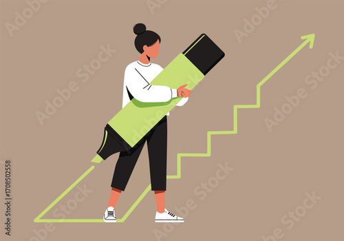 A woman stands confidently holding a giant highlighter, with a green line graph symbolizing growth and progress, set against a neutral background, showcasing ambition