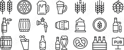 Beer brewing icons set, hops and barley, beer mugs, barrels, taps, pretzel, pub sign, bottles, glass, alcohol beverage vector