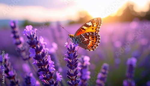 Sunset Serenity: Butterfly on Lavender
