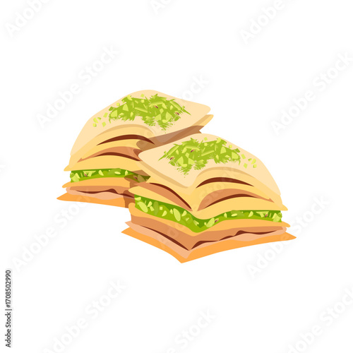 Two square pieces of baklava with pistachios traditional dessert of Makhrebi cuisine side view on white background