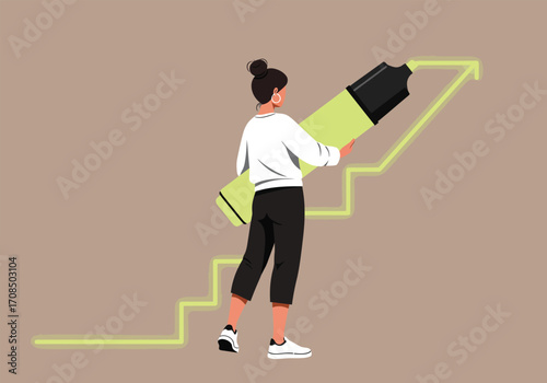 A woman stands confidently holding a giant highlighter, with a green line graph symbolizing growth and progress, set against a neutral background, showcasing ambition