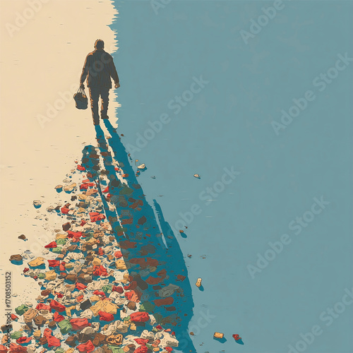 Artistic illustration of a man walking while his shadow is made of trash and litter. Symbol of human impact, waste crisis, and ecological awareness. Vector illustration