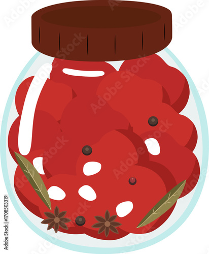 Marinated tomatoes with spices in a glass jar. Isolated vector illustration.