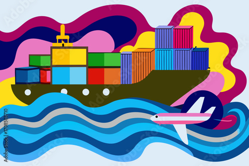 Cargo ship loaded with colorful containers sailing on wavy blue ocean with a pink airplane flying nearby against a vibrant abstract background, symbolizing global logistics and transportation