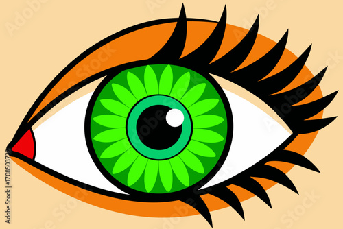 Stylized illustration of a vibrant green eye with a detailed iris and prominent eyelashes, set against a neutral background